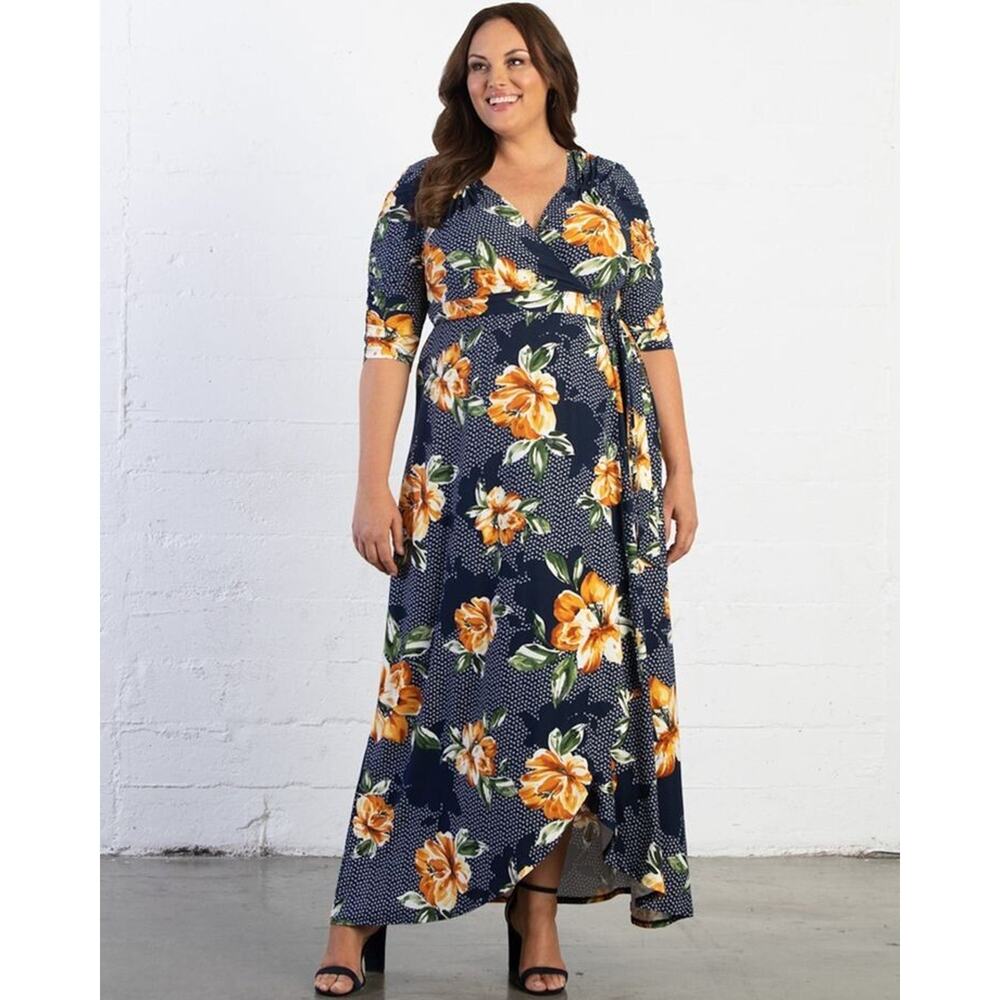 Kiyonna Dress Meadow Dream Style Blue Floral 5X Maxi True Wrap Party Versatile